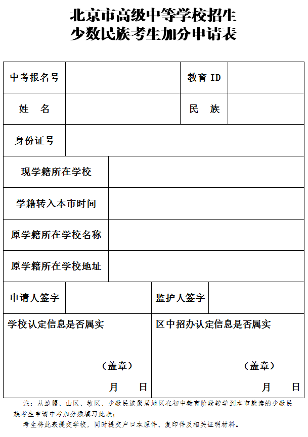 北京市高級中等學校招生少數民族考生加分申請表