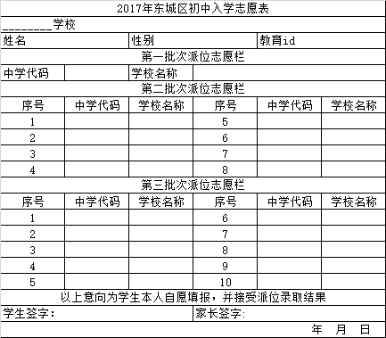 东城区2019小升初派位入学志愿表